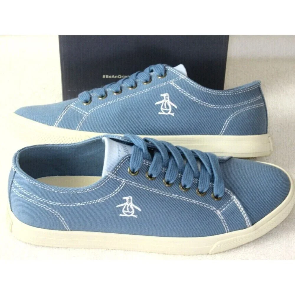 Original Penguin Men's Sam Stripe Classic Lace Up Light Blue Canvas Shoes NIB